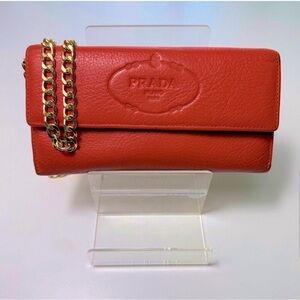 Prada Women's Red Orange Leather Clutch with Chain